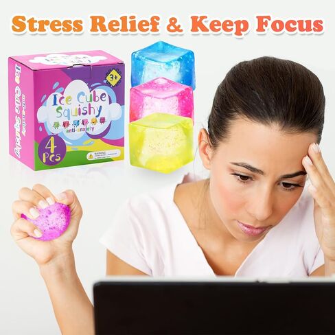 Stress Cube 2" Stress Balls Squishy Fidget Toys for Adults Kids, Squeeze Toys Squishys for Anxiety Stress Relief, Slow Rising Ice Cube Gift for Classroom Prizes Party Favors, 4 Packs in Saudi Arabia