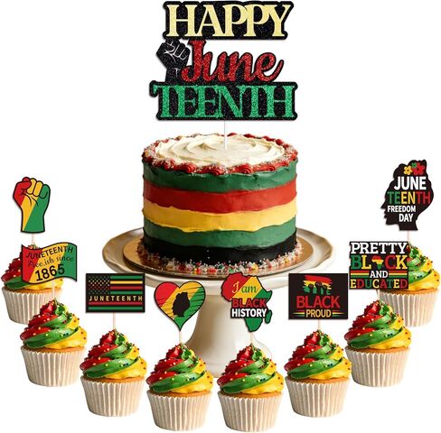 Juneteenth Cake Decorations, Happy Juneteenth Cupcake Toppers for Black History Month Juneteenth Party Decorations Supplies Set– 21 Pcs(1PCS Cake + 20 Cupcake Topper) in Saudi Arabia