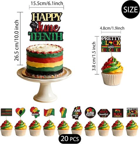 Juneteenth Cake Decorations, Happy Juneteenth Cupcake Toppers for Black History Month Juneteenth Party Decorations Supplies Set– 21 Pcs(1PCS Cake + 20 Cupcake Topper) in Saudi Arabia