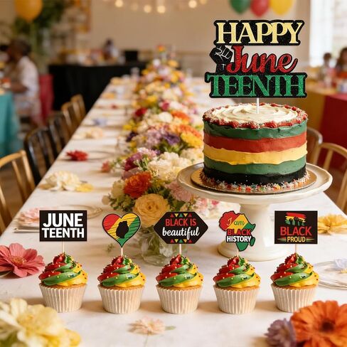 Juneteenth Cake Decorations, Happy Juneteenth Cupcake Toppers for Black History Month Juneteenth Party Decorations Supplies Set– 21 Pcs(1PCS Cake + 20 Cupcake Topper) in Saudi Arabia