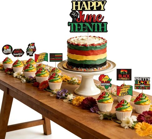 Juneteenth Cake Decorations, Happy Juneteenth Cupcake Toppers for Black History Month Juneteenth Party Decorations Supplies Set– 21 Pcs(1PCS Cake + 20 Cupcake Topper) in Saudi Arabia