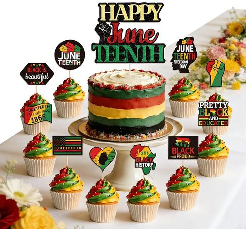 Juneteenth Cake Decorations, Happy Juneteenth Cupcake Toppers for Black History Month Juneteenth Party Decorations Supplies Set– 21 Pcs(1PCS Cake + 20 Cupcake Topper) in Saudi Arabia