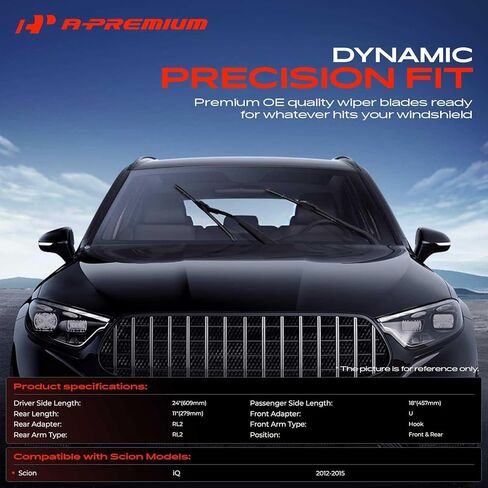 شفرات ممسحة الزجاج الأمامي A-Premium 24 بوصة + 18 بوصة + 11 بوصة متوافقة مع Scion iQ 2012-2015 - مجموعة شفرات المساحات الخلفية الأمامية لموصل الذراع الخطاف/RL2، مع مؤشر التآكل ومنشفة (عبوة من 3) in Kuwait