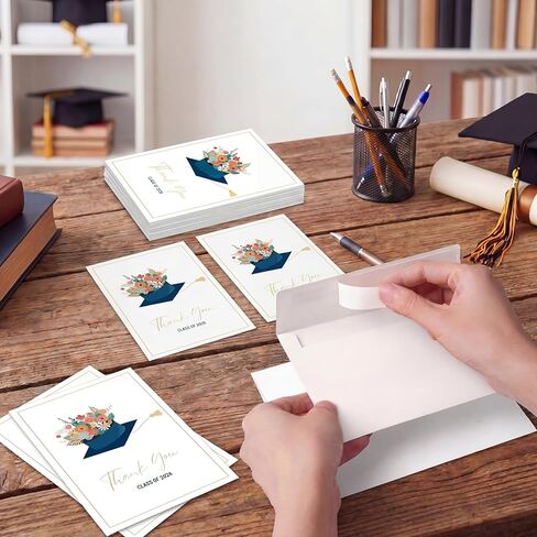 Nihuecne 50 حزمة 4 × 6 بطاقات شكر للتخرج مع مظاريف ذاتية اللصق، تصميم رقائق ذهبية بغطاء التخرج من الأزهار، بطاقات تهنئة داخلية فارغة لحفل تخرج الكلية بالمدرسة الثانوية in Kuwait