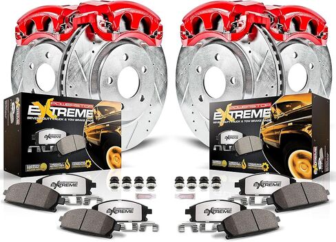 طقم الفرامل والفرجار الأمامي والخلفي PowerStop لسيارة Ford F-150 2012-18 - دوارات قرصية محفورة ومشقوقة + وسادات فرامل Z36 + فرجار مطلي بمسحوق أحمر، KC6268-36 in Kuwait
