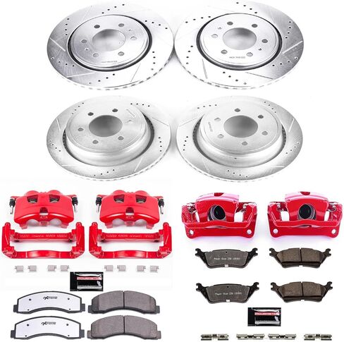 طقم الفرامل والفرجار الأمامي والخلفي PowerStop لسيارة Ford F-150 2012-18 - دوارات قرصية محفورة ومشقوقة + وسادات فرامل Z36 + فرجار مطلي بمسحوق أحمر، KC6268-36 in Kuwait