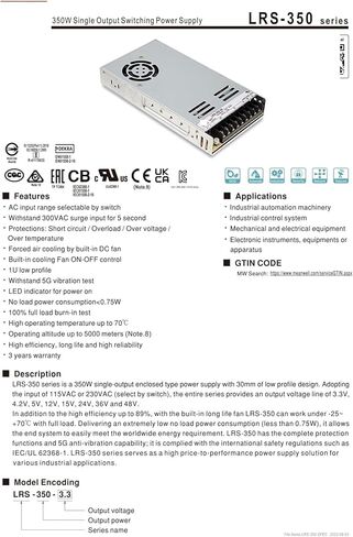 LRS-350 LRS-350-5 LRS-350-12 LRS-350-15 LRS-350-24 LRS-350-36 LRS-350-48 LRS 350 350 واط مصدر الطاقة (LRS-350-48V) in Kuwait