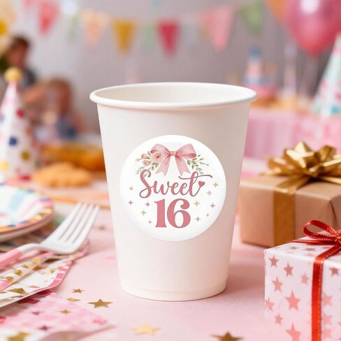 Sweet 16 Birthday Stickers - 120 Pcs 1.6" Round Pink Floral Bow Pattern Stickers for Girls' Sweet Sixteen Birthday Party Decorations, Candy Cookie Favor Bags & Gifts Labels(Pink Bow) in Saudi Arabia