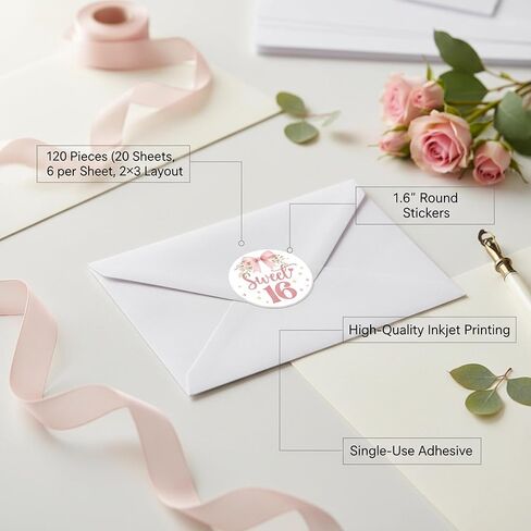 Sweet 16 Birthday Stickers - 120 Pcs 1.6" Round Pink Floral Bow Pattern Stickers for Girls' Sweet Sixteen Birthday Party Decorations, Candy Cookie Favor Bags & Gifts Labels(Pink Bow) in Saudi Arabia