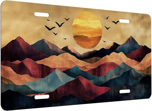 Sunset Mountains Front License Plate for Women Abstract Art Landscape Birds Sun Car Vanity Plates Decorative Aluminum Metal Cute Novelty License Plate 6x12 Inch (4 Holes) in Saudi Arabia