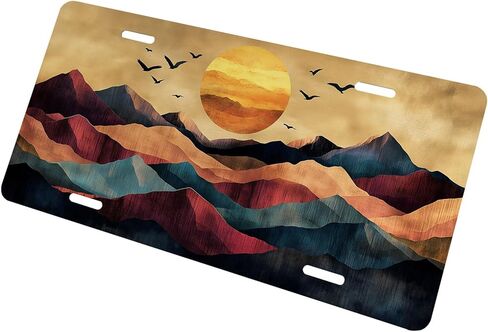 Sunset Mountains Front License Plate for Women Abstract Art Landscape Birds Sun Car Vanity Plates Decorative Aluminum Metal Cute Novelty License Plate 6x12 Inch (4 Holes) in Saudi Arabia