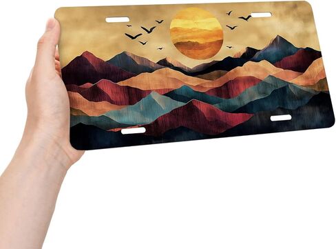 Sunset Mountains Front License Plate for Women Abstract Art Landscape Birds Sun Car Vanity Plates Decorative Aluminum Metal Cute Novelty License Plate 6x12 Inch (4 Holes) in Saudi Arabia