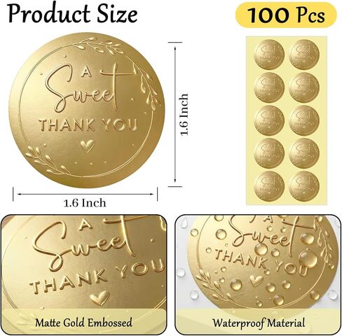 100 Pack A Sweet Thank You Stickers, Embossed Gold Foil Wedding Stickers for Favors, Baby Shower, Cookie Cupcake Candy Packaging, Small Business Thank You Labels, 1.6 Inch (Full Gold) in Saudi Arabia