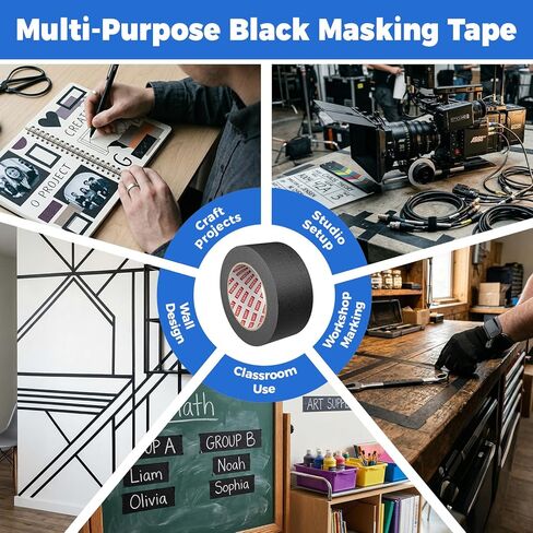 SWRT Black Masking Tape, Medium Adhesive Painters Tape 1 Inch Wide, Black Tape for Marking, Painting, Crafts & Workshop Use, Easy Tear, Clean Removal, 1 inch x 55 Yards x 2 Rolls (110 Total Yards) in Kuwait