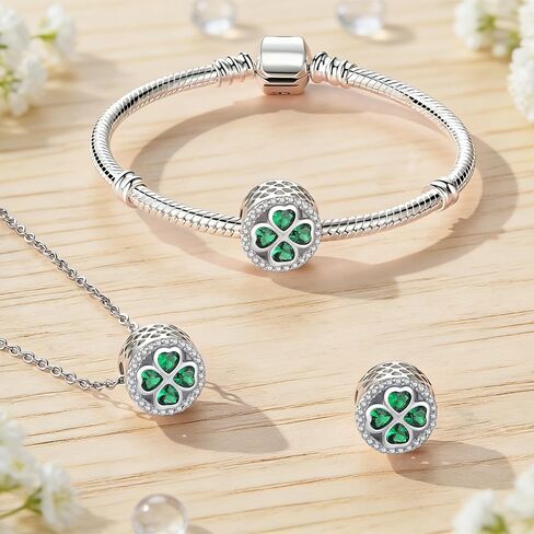 Lucky Clover Charms Fit for Pandora Bracelets: Sterling Silver Four Leaf Clover Beads with Green Crystals - St. Patrick's Day DIY Jewelry Gifts for Women in Saudi Arabia