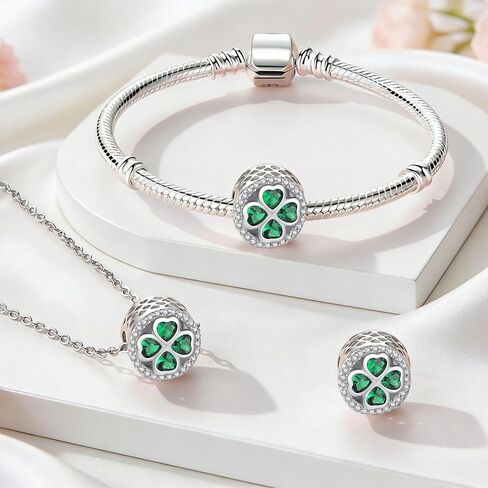 Lucky Clover Charms Fit for Pandora Bracelets: Sterling Silver Four Leaf Clover Beads with Green Crystals - St. Patrick's Day DIY Jewelry Gifts for Women in Saudi Arabia