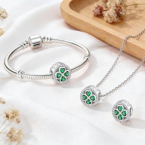 Lucky Clover Charms Fit for Pandora Bracelets: Sterling Silver Four Leaf Clover Beads with Green Crystals - St. Patrick's Day DIY Jewelry Gifts for Women in Saudi Arabia