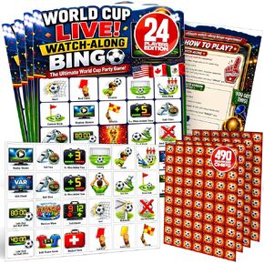 World Cup Watch-Along Bingo Game 24 Players – Soccer Party Game - Live Match Bingo Cards, 2026 World Cup Watch Party Supplies, Caller Chips & 470 Marker Chips in Saudi Arabia