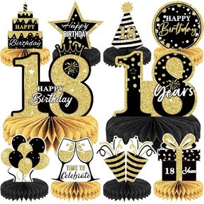 12Pcs 18th Birthday Honeycomb Centerpieces, Black Gold Happy 18th Birthday Table Decorations, 18th Birthday Party Supplies for Boys Girls 18th Birthday Party Favors in Kuwait