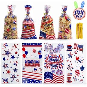 WIKDAY 144 PCS 4th of July Gift Bags Bulk Independence Day Cellophane Bags with Twist Ties, 4 Patriotic Designs for Candy Snack Goodie Toys Treat Packaging, Party Favors Classroom Home Celebration Supplies 10.7"x4.9" in Saudi Arabia