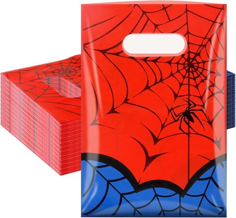 HLHLLSW 60 PCS Spider Web Party Favor Bags, Red Blue Plastic Goodie Candy Bags with Handles for Kids Spider Theme Birthday Party Decoration & Gifts in Saudi Arabia