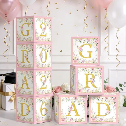 BORAMDO Floral Graduation Balloon Box Pink Graduation Party Decorations Wildflower Floral Grad Boxes with Letters Class of 2026 Congrats Grad Decor Photo Prop for 2026 Graduation Party Favors in Saudi Arabia