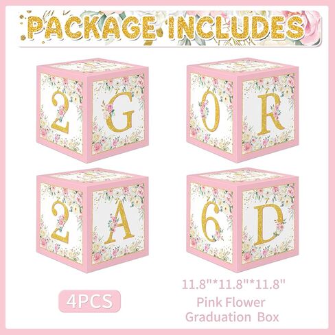 BORAMDO Floral Graduation Balloon Box Pink Graduation Party Decorations Wildflower Floral Grad Boxes with Letters Class of 2026 Congrats Grad Decor Photo Prop for 2026 Graduation Party Favors in Saudi Arabia