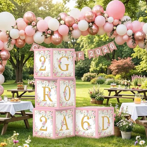 BORAMDO Floral Graduation Balloon Box Pink Graduation Party Decorations Wildflower Floral Grad Boxes with Letters Class of 2026 Congrats Grad Decor Photo Prop for 2026 Graduation Party Favors in Saudi Arabia