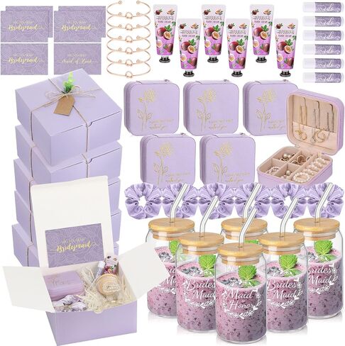 Teenyyou 60 Pcs Bridesmaid Proposal Gifts Bridesmaid Box Set Maid of Honor Gift Wedding Bridal Shower Include Jewelry Box Glass Cup Scrunchies Hair Knotted Bracelets Hand Cream Lip Balm Cards(Purple) in Kuwait