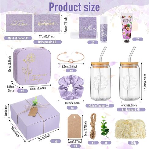 Teenyyou 60 Pcs Bridesmaid Proposal Gifts Bridesmaid Box Set Maid of Honor Gift Wedding Bridal Shower Include Jewelry Box Glass Cup Scrunchies Hair Knotted Bracelets Hand Cream Lip Balm Cards(Purple) in Kuwait