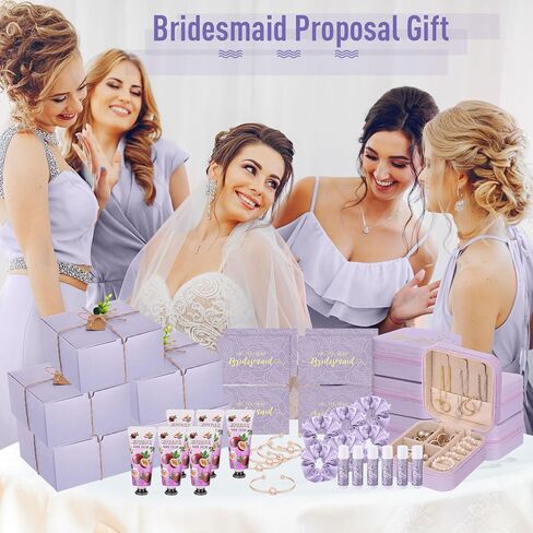 Teenyyou 60 Pcs Bridesmaid Proposal Gifts Bridesmaid Box Set Maid of Honor Gift Wedding Bridal Shower Include Jewelry Box Glass Cup Scrunchies Hair Knotted Bracelets Hand Cream Lip Balm Cards(Purple) in Kuwait
