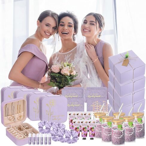 Teenyyou 60 Pcs Bridesmaid Proposal Gifts Bridesmaid Box Set Maid of Honor Gift Wedding Bridal Shower Include Jewelry Box Glass Cup Scrunchies Hair Knotted Bracelets Hand Cream Lip Balm Cards(Purple) in Kuwait