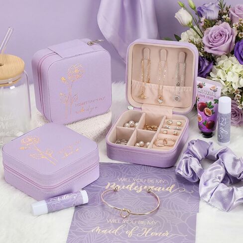 Teenyyou 60 Pcs Bridesmaid Proposal Gifts Bridesmaid Box Set Maid of Honor Gift Wedding Bridal Shower Include Jewelry Box Glass Cup Scrunchies Hair Knotted Bracelets Hand Cream Lip Balm Cards(Purple) in Kuwait