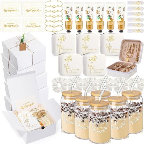 Teenyyou 60 Pcs Bridesmaid Proposal Gifts Bridesmaid Box Set Maid of Honor Gift Wedding Bridal Shower Include Jewelry Box Glass Cup Scrunchies Hair Knotted Bracelets Hand Cream Lip Balm Cards(Purple) in Kuwait
