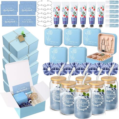 Teenyyou 60 Pcs Bridesmaid Proposal Gifts Bridesmaid Box Set Maid of Honor Gift Wedding Bridal Shower Include Jewelry Box Glass Cup Scrunchies Hair Knotted Bracelets Hand Cream Lip Balm Cards(Purple) in Kuwait