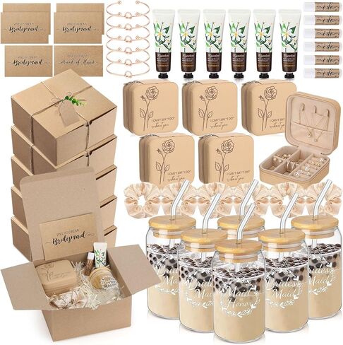 Teenyyou 60 Pcs Bridesmaid Proposal Gifts Bridesmaid Box Set Maid of Honor Gift Wedding Bridal Shower Include Jewelry Box Glass Cup Scrunchies Hair Knotted Bracelets Hand Cream Lip Balm Cards(Purple) in Kuwait