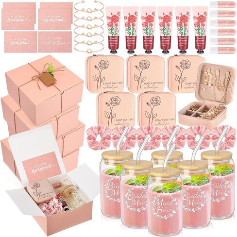 Teenyyou 60 Pcs Bridesmaid Proposal Gifts Bridesmaid Box Set Maid of Honor Gift Wedding Bridal Shower Include Jewelry Box Glass Cup Scrunchies Hair Knotted Bracelets Hand Cream Lip Balm Cards(Purple) in Kuwait