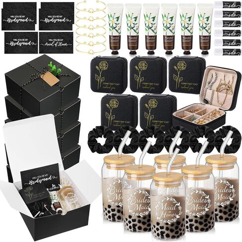 Teenyyou 60 Pcs Bridesmaid Proposal Gifts Bridesmaid Box Set Maid of Honor Gift Wedding Bridal Shower Include Jewelry Box Glass Cup Scrunchies Hair Knotted Bracelets Hand Cream Lip Balm Cards(Purple) in Kuwait