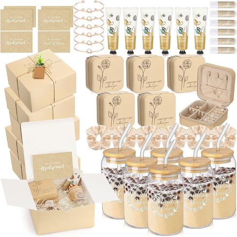 Teenyyou 60 Pcs Bridesmaid Proposal Gifts Bridesmaid Box Set Maid of Honor Gift Wedding Bridal Shower Include Jewelry Box Glass Cup Scrunchies Hair Knotted Bracelets Hand Cream Lip Balm Cards(Purple) in Kuwait