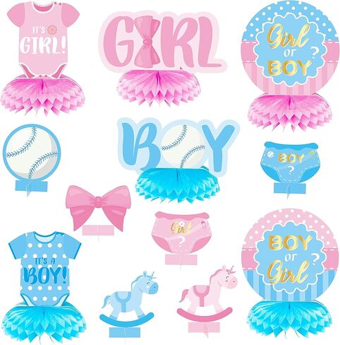 12 Pcs Baby Gender Reveal Honeycomb Centerpieces Table Toppers Blue and Pink Gender Reveal Party Decorations Supplies for Unisex He or She Boy or Girl Baby Shower Pregnancy Announcements Decor in Saudi Arabia