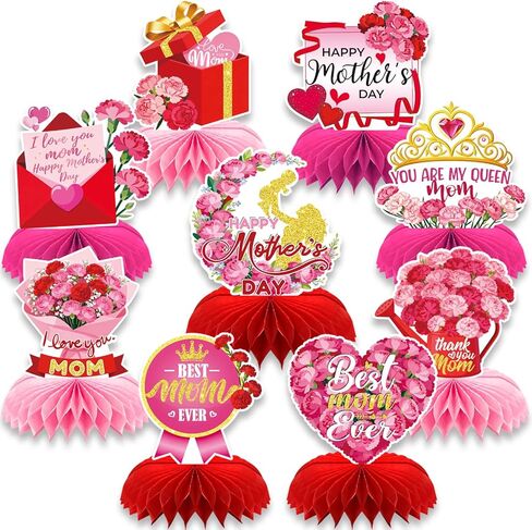 Mother's Day Honeycomb Centerpiece - 9Pcs 3D Red Pink Flower Table Decorations, Mother's Day Themed Honeycomb Centerpiece for Party Supplies & Gifts for Mom in Kuwait