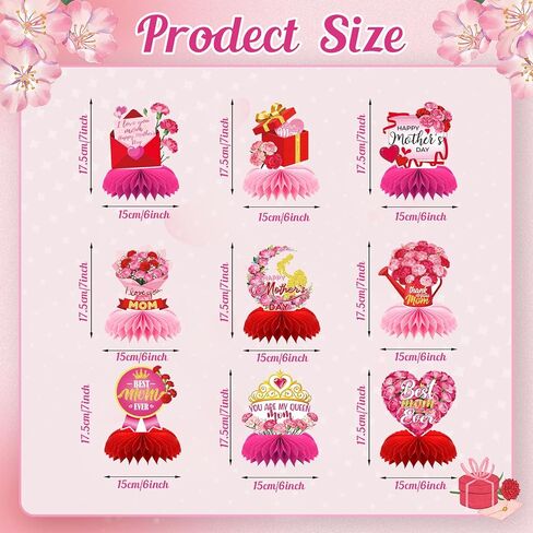 Mother's Day Honeycomb Centerpiece - 9Pcs 3D Red Pink Flower Table Decorations, Mother's Day Themed Honeycomb Centerpiece for Party Supplies & Gifts for Mom in Kuwait