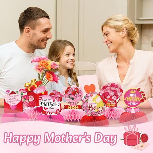 Mother's Day Honeycomb Centerpiece - 9Pcs 3D Red Pink Flower Table Decorations, Mother's Day Themed Honeycomb Centerpiece for Party Supplies & Gifts for Mom in Kuwait