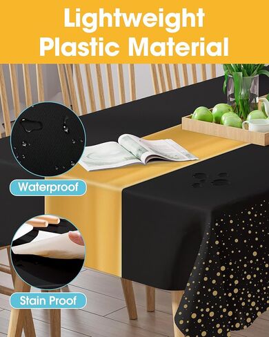 Graduation Decorations Table Cloth for Rectangle Table and Table Runner Set - 3+3 Pack, Plastic Table Cloth Disposable, Black and Gold Tablecloth for Birthday, Wedding, Baby Shower, Christmas in Saudi Arabia