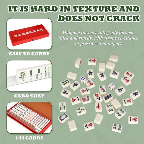 Portable Chinese Mahjong Set with 144 Mini Tiles, Travel Mahjong Game Set with 4 Clear Racks, 2 Dice & Spare Tiles, Compact Mahjong Board Game for Family, Outdoor Travel Gift (Ivory) in Saudi Arabia