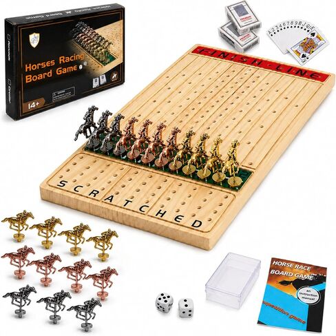 Jyquorp Horse Race Board Game (15.6" x 10") Solid Wood Horse Racing Board Game Set for 2-11 Players with 11 Luxury Metal Horses, 2 Dice & 2 Card Decks, Gifts for Family Party in Saudi Arabia
