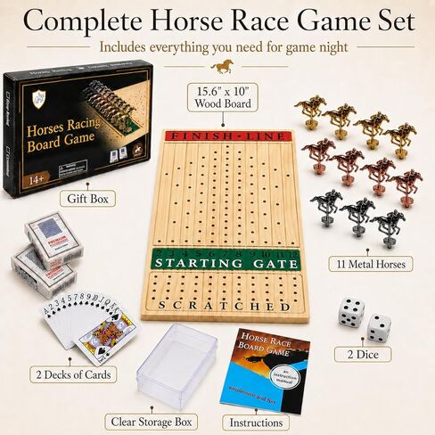 Jyquorp Horse Race Board Game (15.6" x 10") Solid Wood Horse Racing Board Game Set for 2-11 Players with 11 Luxury Metal Horses, 2 Dice & 2 Card Decks, Gifts for Family Party in Saudi Arabia