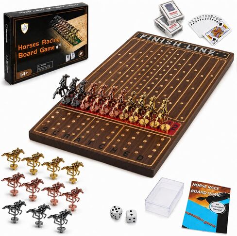 Jyquorp Horse Race Board Game (15.6" x 10") Solid Wood Horse Racing Board Game Set for 2-11 Players with 11 Luxury Metal Horses, 2 Dice & 2 Card Decks, Gifts for Family Party in Saudi Arabia