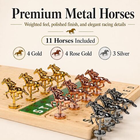Jyquorp Horse Race Board Game (15.6" x 10") Solid Wood Horse Racing Board Game Set for 2-11 Players with 11 Luxury Metal Horses, 2 Dice & 2 Card Decks, Gifts for Family Party in Saudi Arabia