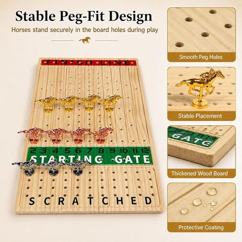 Jyquorp Horse Race Board Game (15.6" x 10") Solid Wood Horse Racing Board Game Set for 2-11 Players with 11 Luxury Metal Horses, 2 Dice & 2 Card Decks, Gifts for Family Party in Saudi Arabia